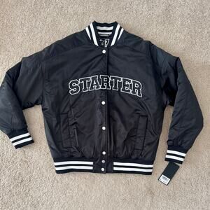 Starter Varsity Jacket Bomber Snap Front Satin Logo Retro Small Black NEW